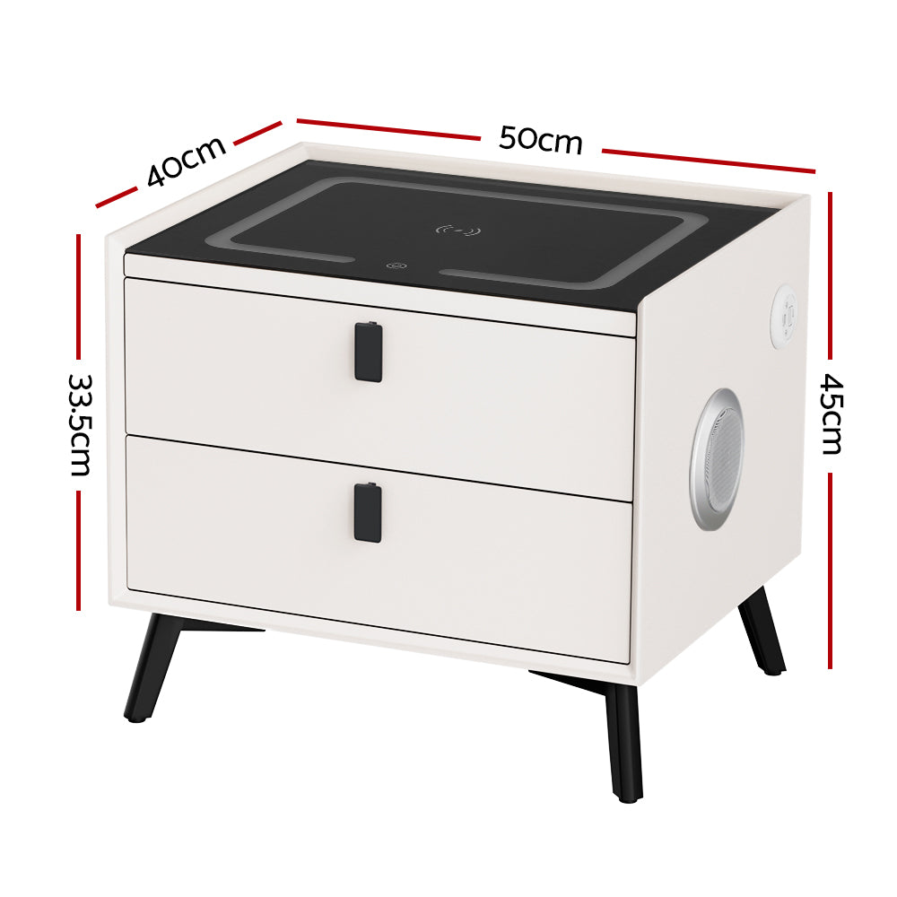 Artiss Smart Bedside Table 2 Drawers with Wireless Charging LED Lights White