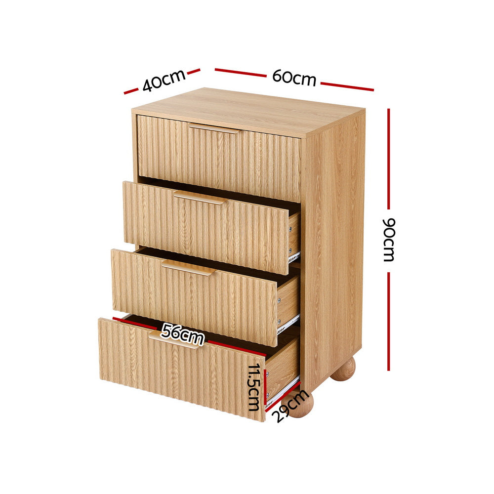 Artiss 4-Drawer Bedroom Storage Cabinet with Fluted Front Pine
