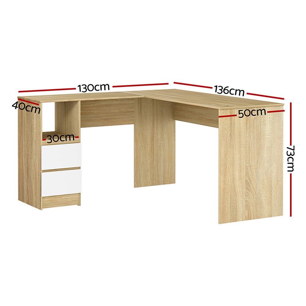 Artiss Computer Desk L-Shape Corner Unit with Drawers Oak
