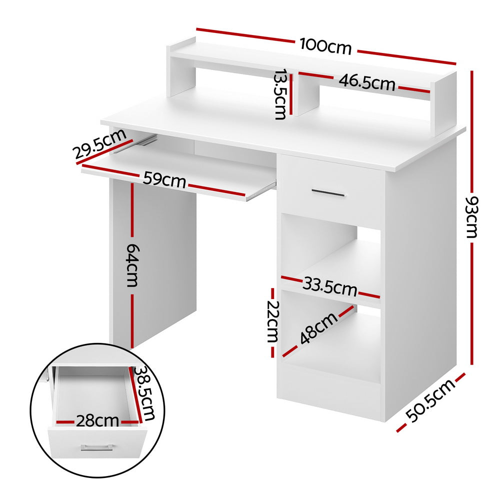 Artiss Computer Desk with Storage Drawer and Keyboard Tray White 100CM