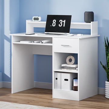 Artiss Computer Desk with Storage Drawer and Keyboard Tray White 100CM