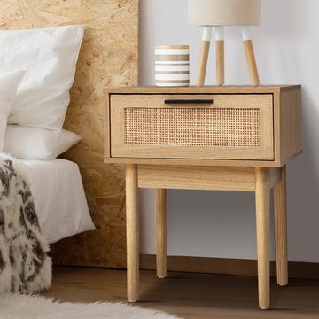 Artiss Bedside Table with Rattan Drawer Wood