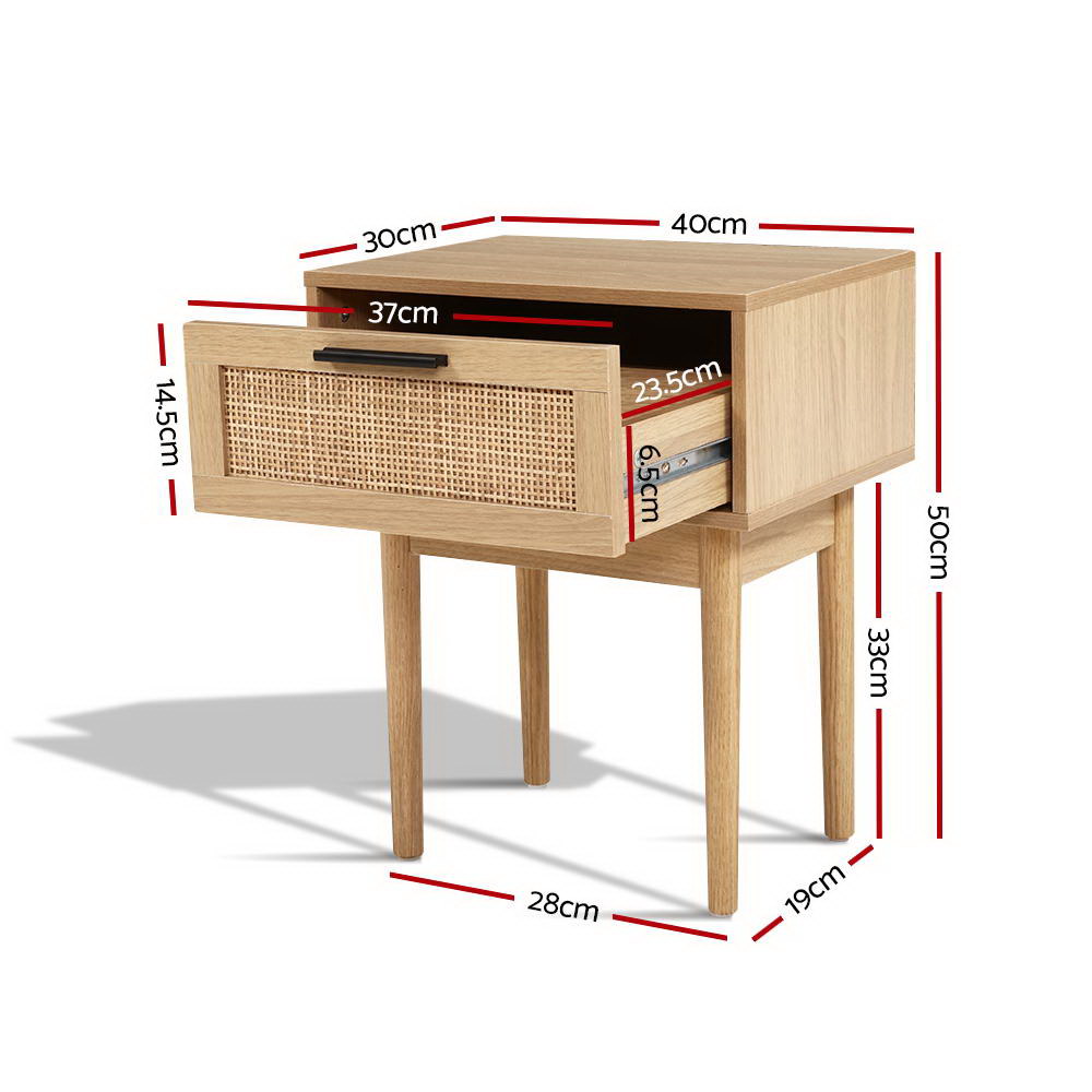 Artiss Bedside Table with Rattan Drawer Wood