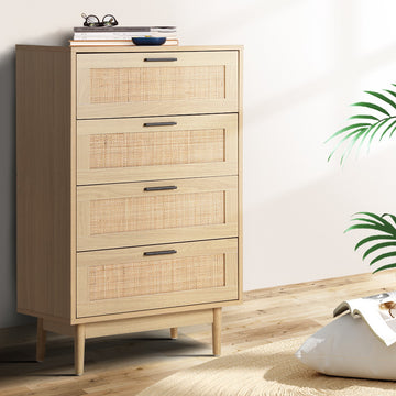 Artiss 4 Drawer Tallboy Chest Storage Cabinet Pine Rattan