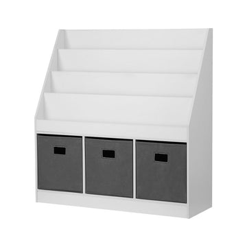 Keezi 4-Tier Kids Bookshelf Storage Organiser with Bins White Grey 92cm