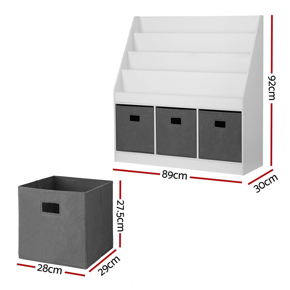 Keezi 4-Tier Kids Bookshelf Storage Organiser with Bins White Grey 92cm