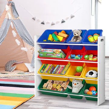 Keezi Kids Toy Storage Organiser with 12 Colourful Bins 4-Tier White