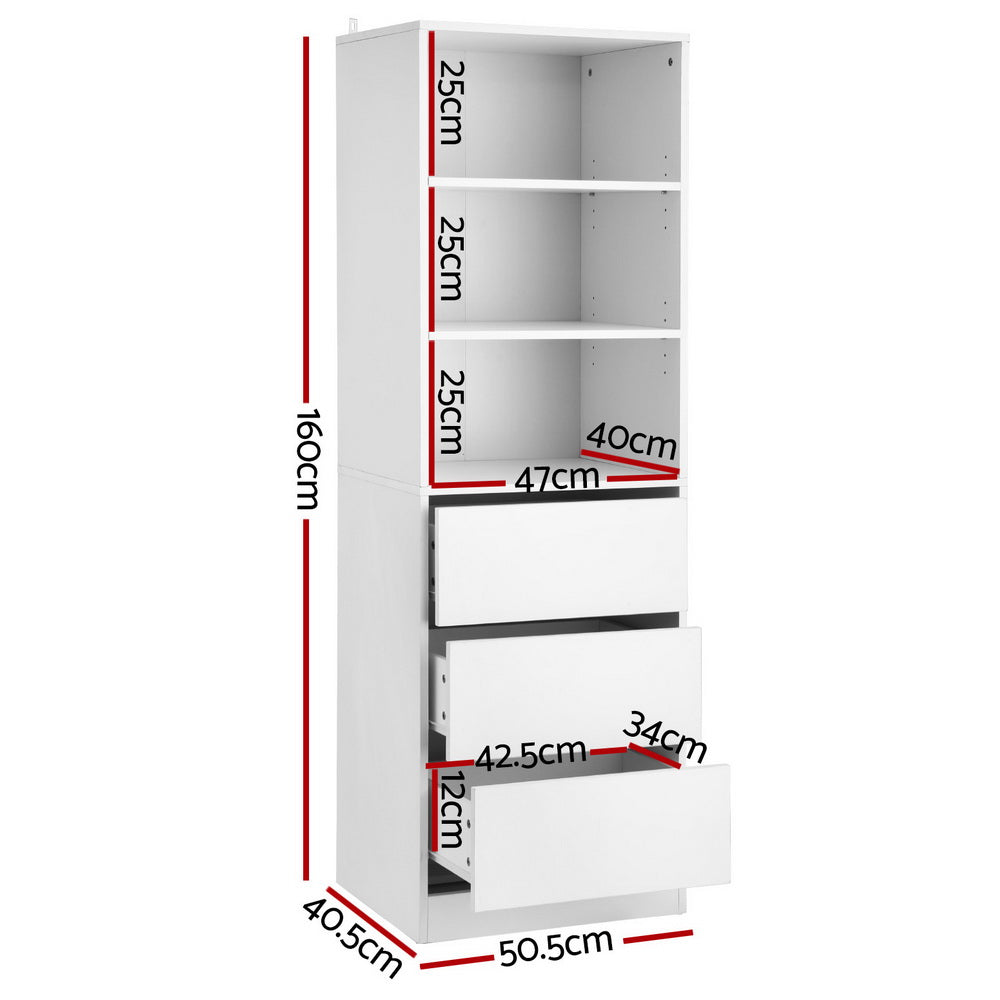 Artiss Tallboy Chest of Drawers with 3 Drawers and Shelves White