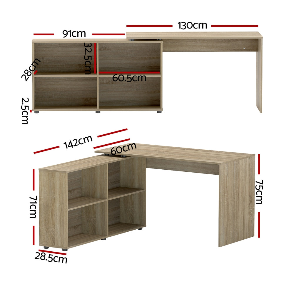 Artiss Computer Desk with Bookshelf and Open Shelves Oak 130cm