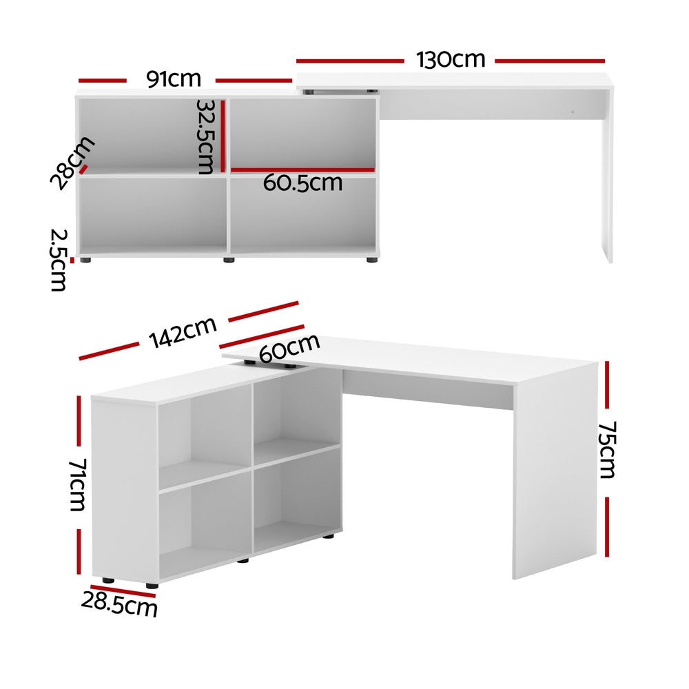Artiss L-Shape Computer Desk Swivelling Bookcase 130cm White