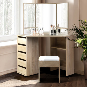 Artiss Corner Dressing Table Set with 5 Drawers Oak