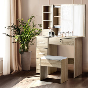 Artiss Dressing Table with Sliding Mirror and Stool Oak