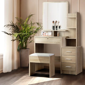 Artiss Mirrored Dressing Table with 4 Drawers and Stool Oak