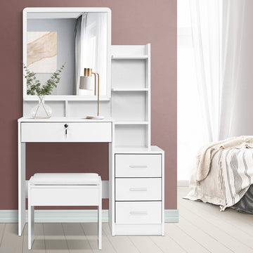 Artiss Dressing Table Set with Lockable Drawer and Open Shelves White