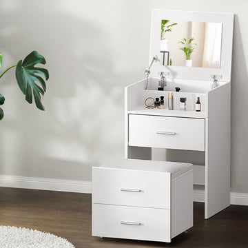 Artiss 2-in-1 Bedside Dressing Table with Hidden Mirror White