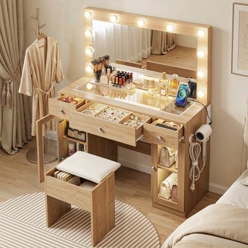 Artiss LED Vanity Desk with Hollywood Mirror RGB Light Wood