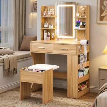 Artiss LED Vanity Desk with Hollywood Mirror and USB Charging Wood