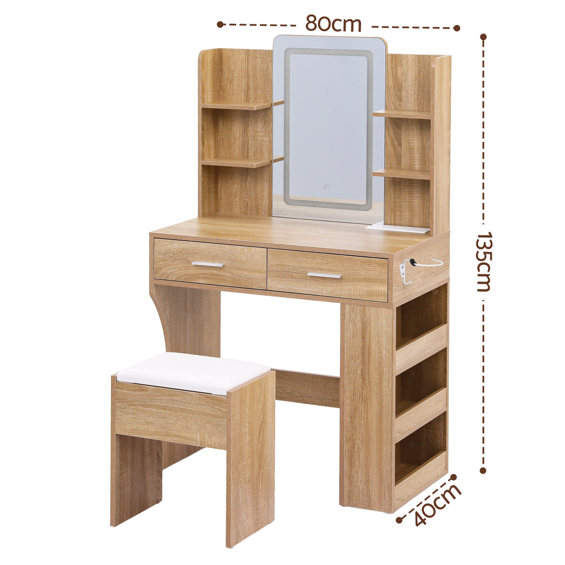 Artiss LED Vanity Desk with Hollywood Mirror and USB Charging Wood