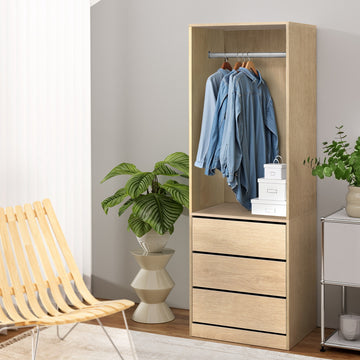 Artiss Freestanding Wardrobe with Hanging Rail and 3 Drawers Pine