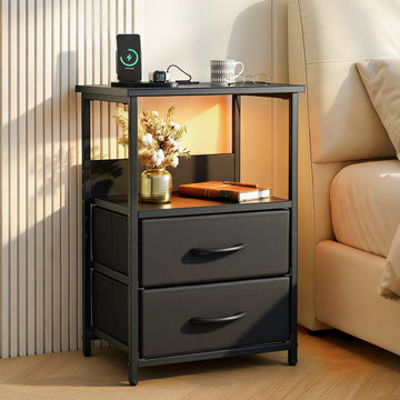 Artiss LED Nightstand with Charging Station 2 Foldable Drawers Black