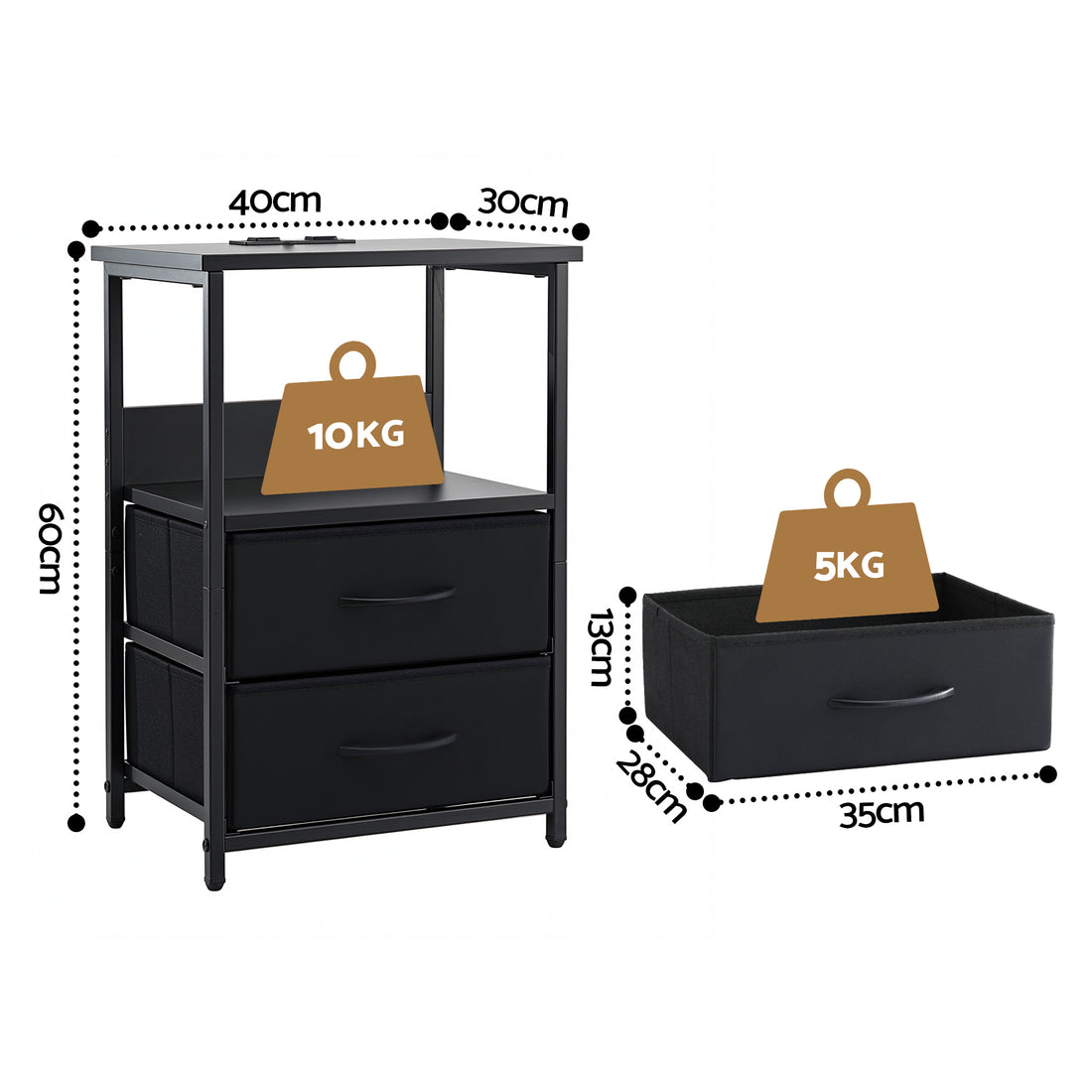 Artiss LED Nightstand with Charging Station 2 Foldable Drawers Black