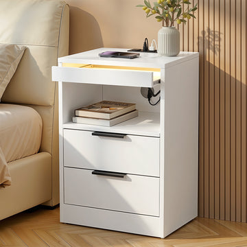 Artiss LED Bedside Table with Charging Station 2 Drawers White