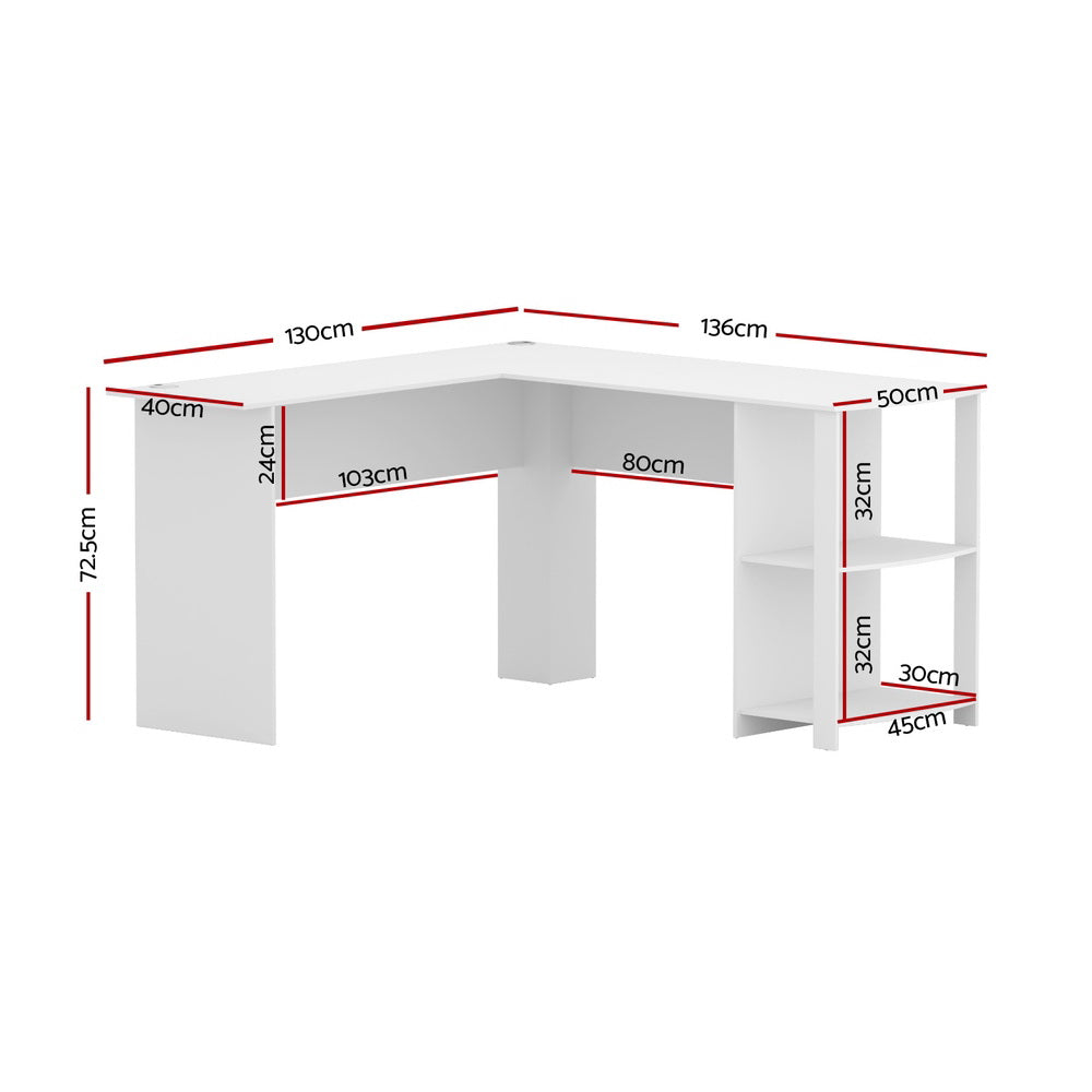Artiss L-Shape Computer Desk with Open Shelves 136cm White