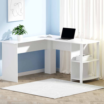 Artiss L-Shape Computer Desk with Open Shelves 136cm White
