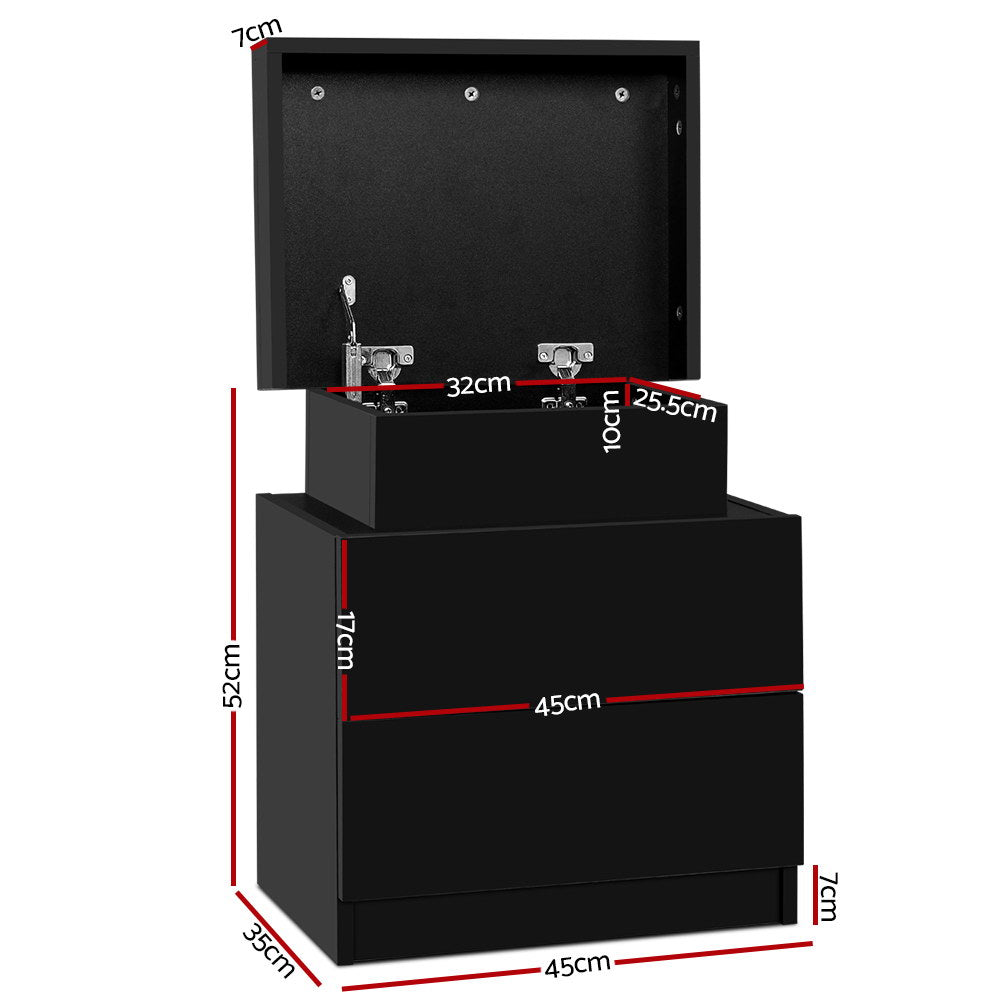Artiss Bedside Table 2 Drawer Lift-up Lid Black