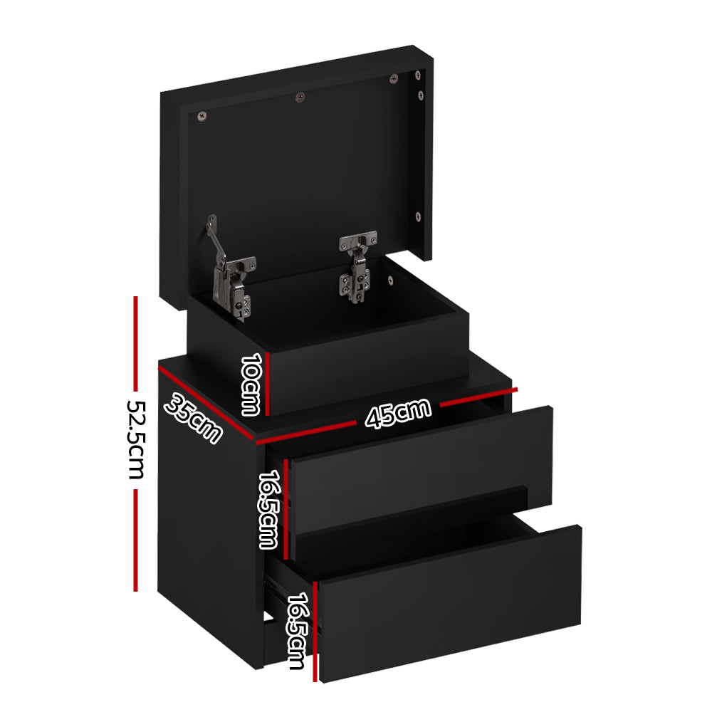 Artiss LED Bedside Table Black with Lift-up Storage 52cm