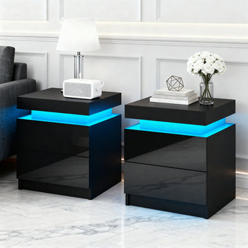 Artiss LED Bedside Table with 2 Drawers Lift-up Black