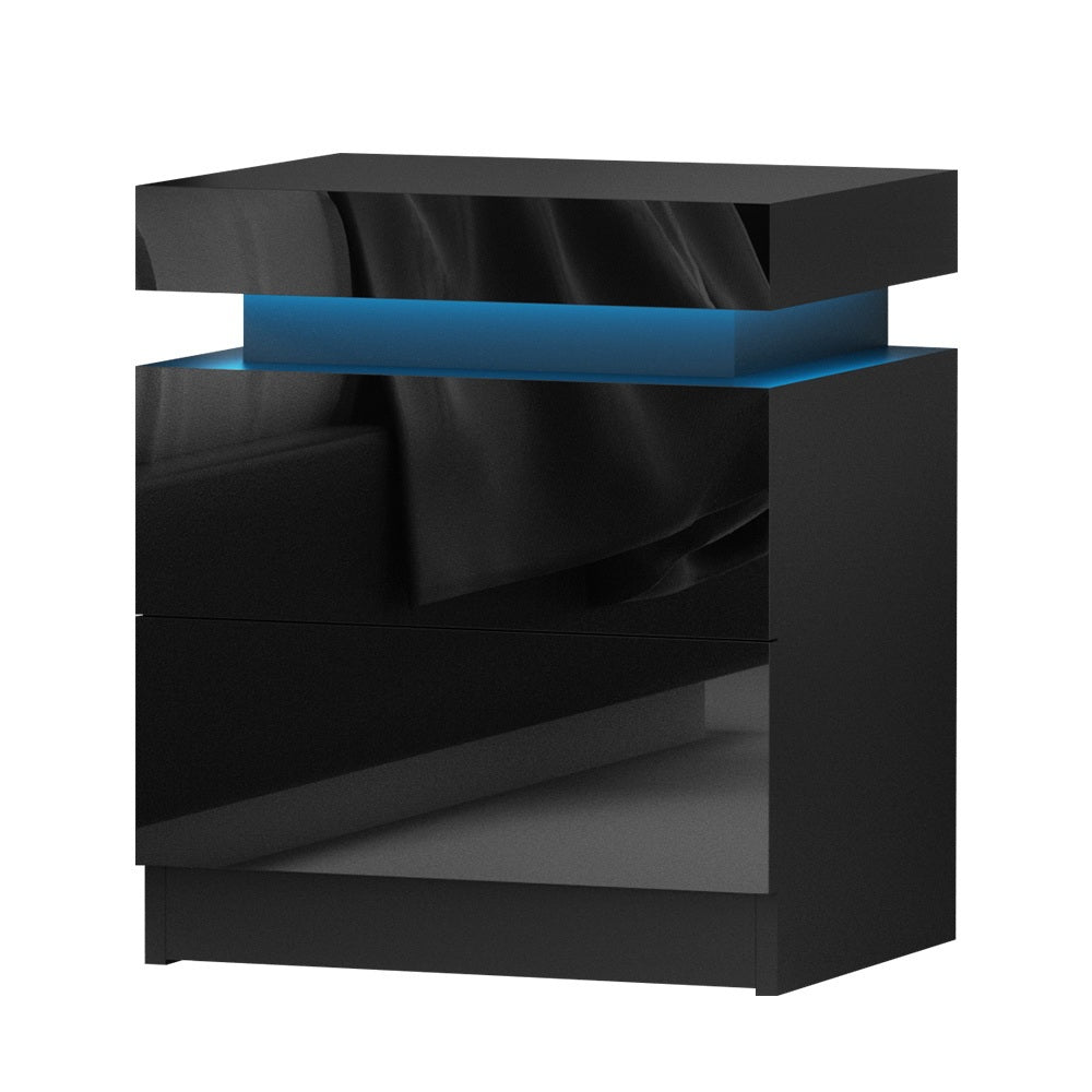 Artiss LED Bedside Table with 2 Drawers Lift-up Black