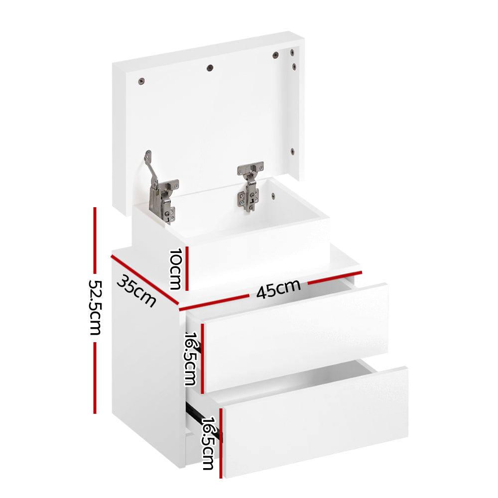 Artiss LED Bedside Table White with Lift-up Storage 52cm