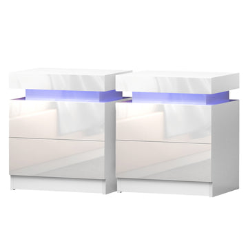 Artiss LED Bedside Table with 2 Drawers Lift-up White