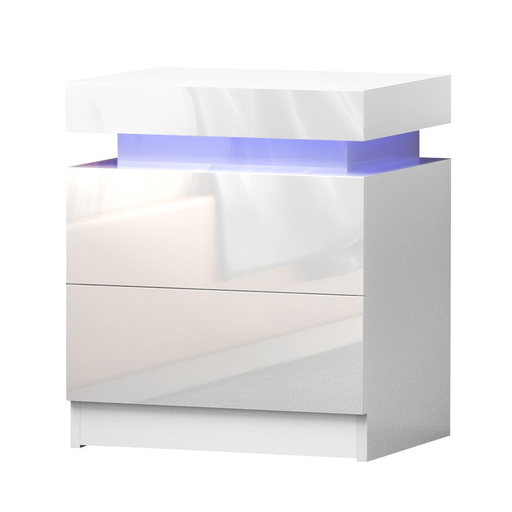 Artiss LED Bedside Table with 2 Drawers Lift-up White
