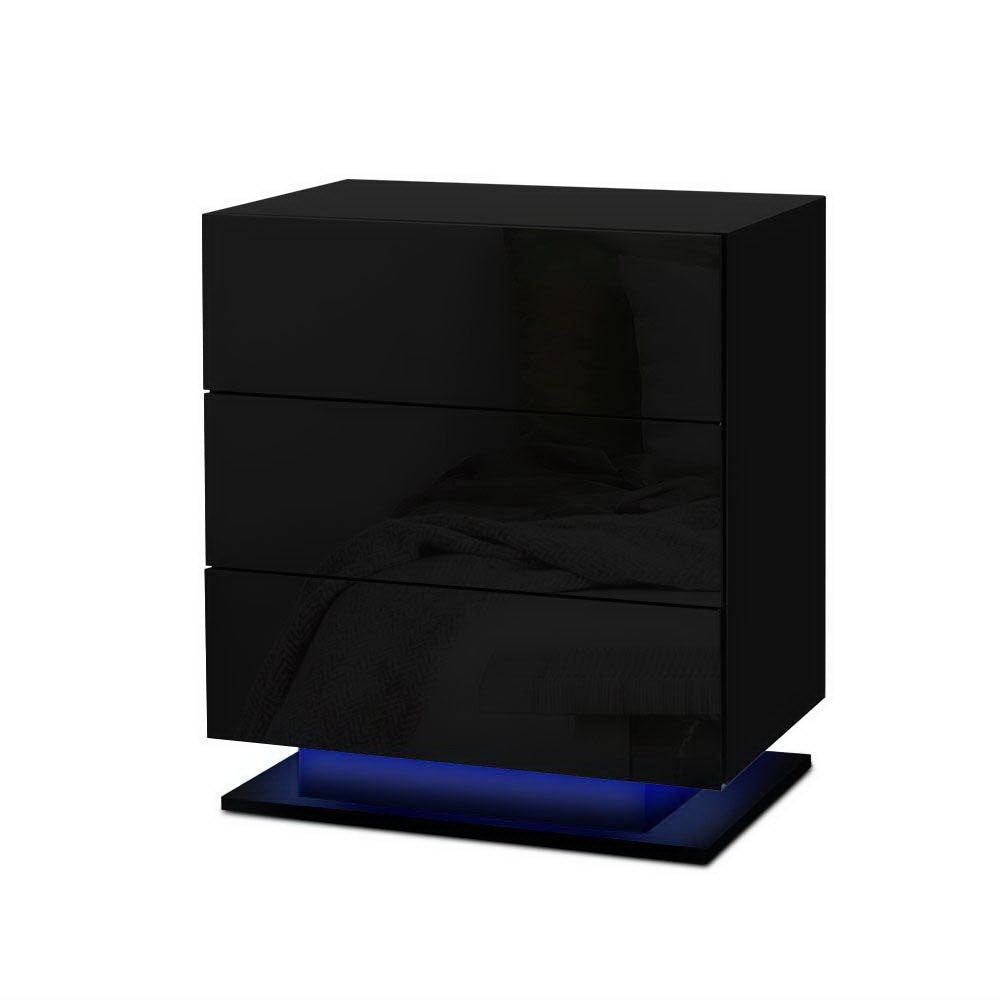 Artiss LED Bedside Table with 3 Drawers Black