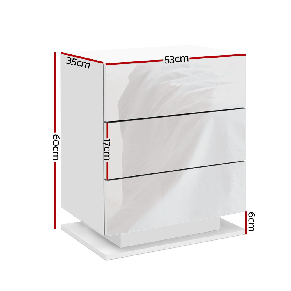 Artiss LED Bedside Table with 3 Drawers White 60cm