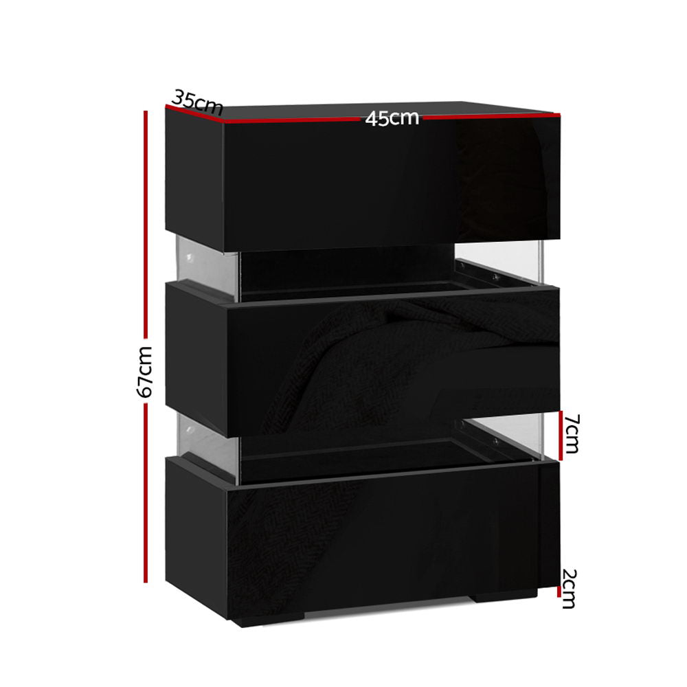 Artiss LED Bedside Table with 3 Drawers Black