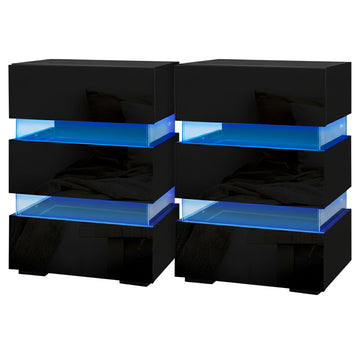 Artiss LED Bedside Table with 3 Drawers Black 67cm x2