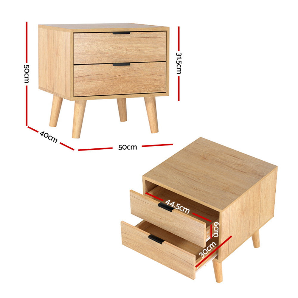 Artiss 2 Drawer Bedside Table Particle Board Pine 50cm