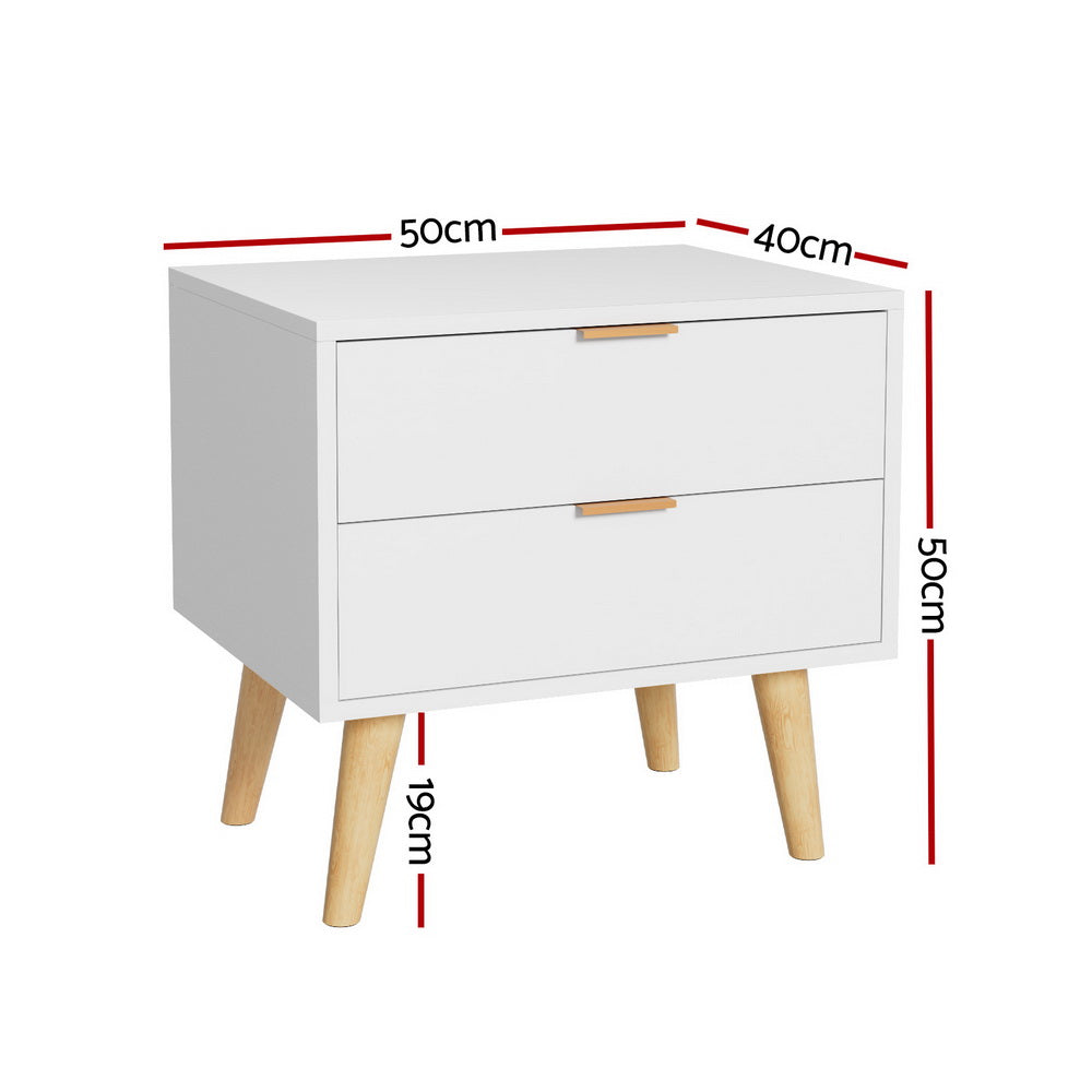 Artiss Two Drawer Bedside Table with Aluminium Handles White