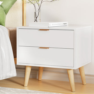 Artiss Two Drawer Bedside Table with Aluminium Handles White