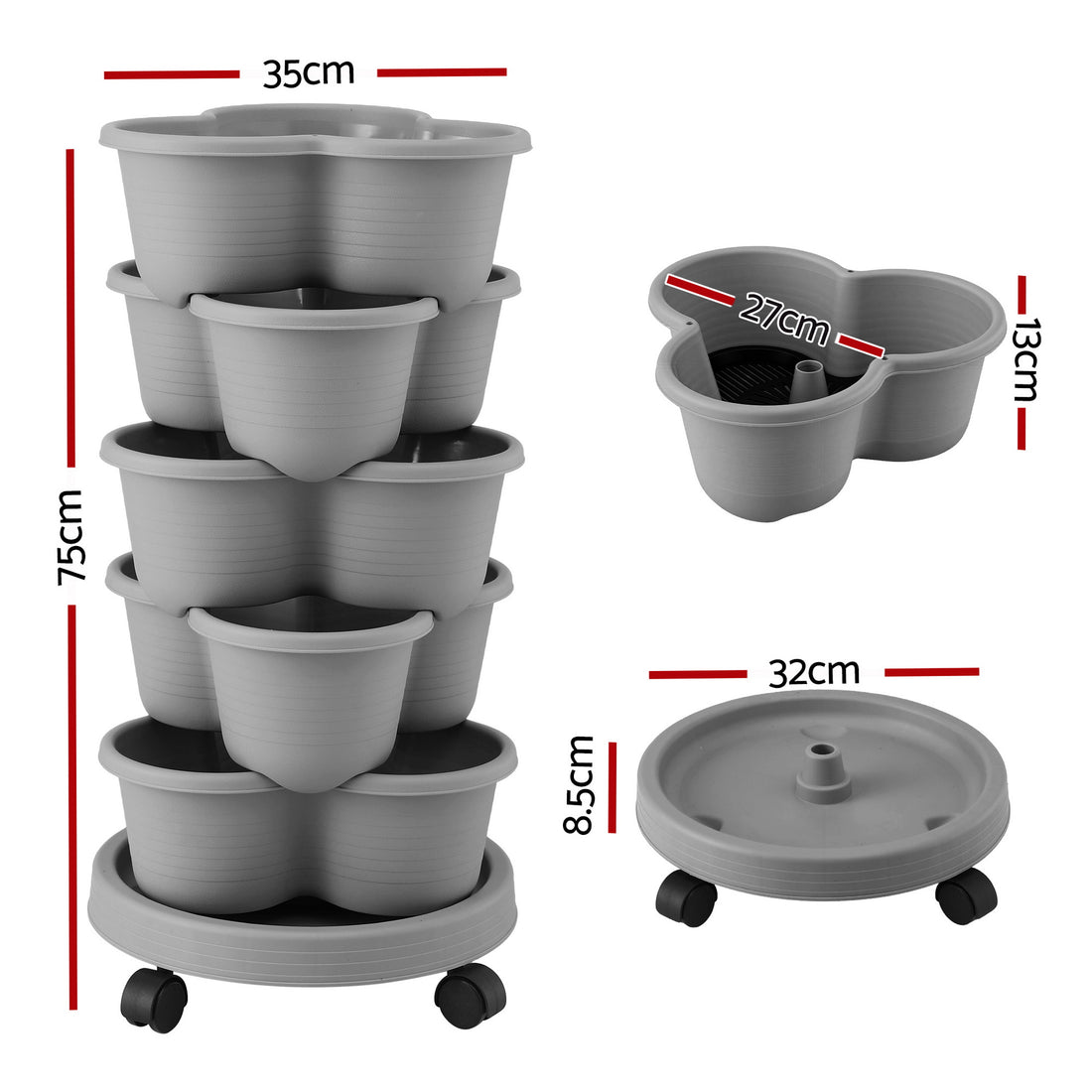 Green Fingers Plastic Stackable Vertical Garden Planter 75cm Grey