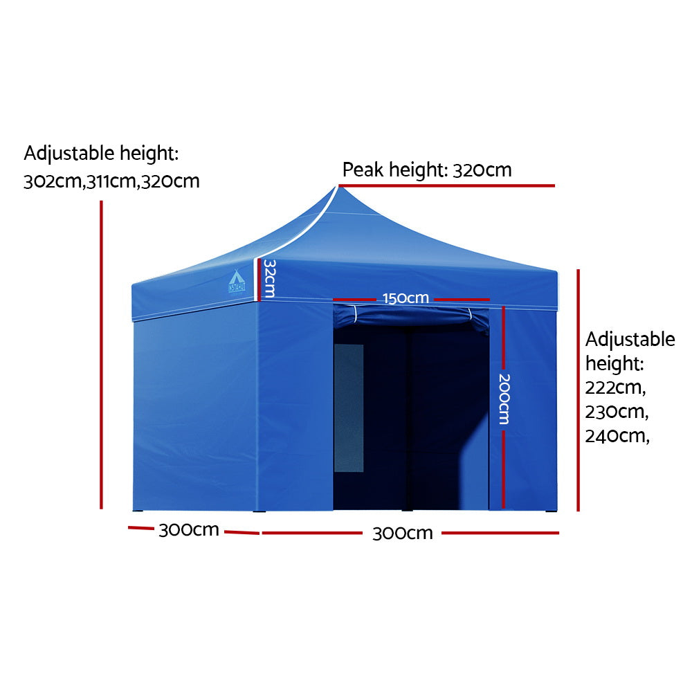 Instahut Pop Up Gazebo 3x3m 500D Oxford UV Water Resistant Blue