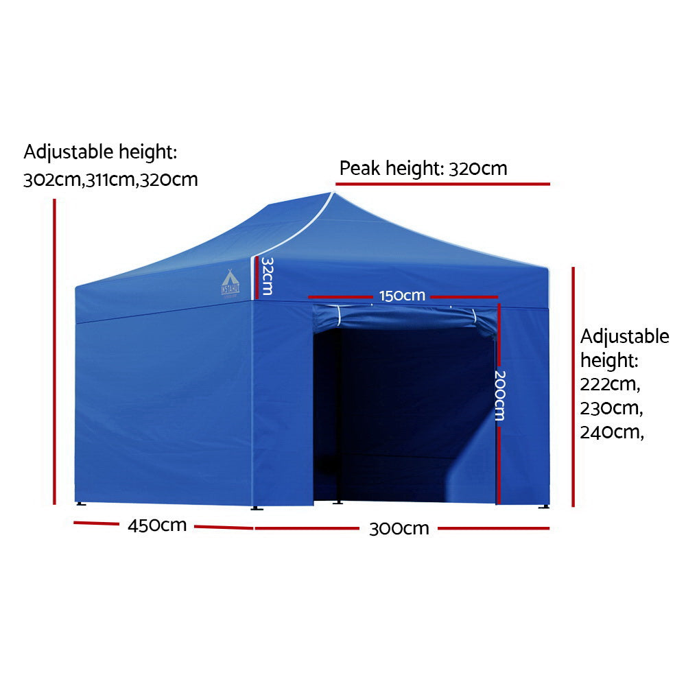 Instahut Pop Up Gazebo 3x4.5m 500D Oxford Blue with Sidewalls
