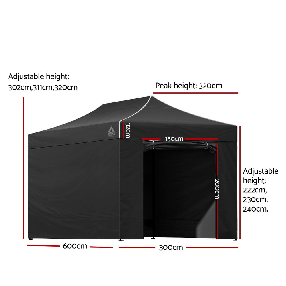 Instahut Pop Up Gazebo 3x6m 500D Oxford Black with Sidewalls