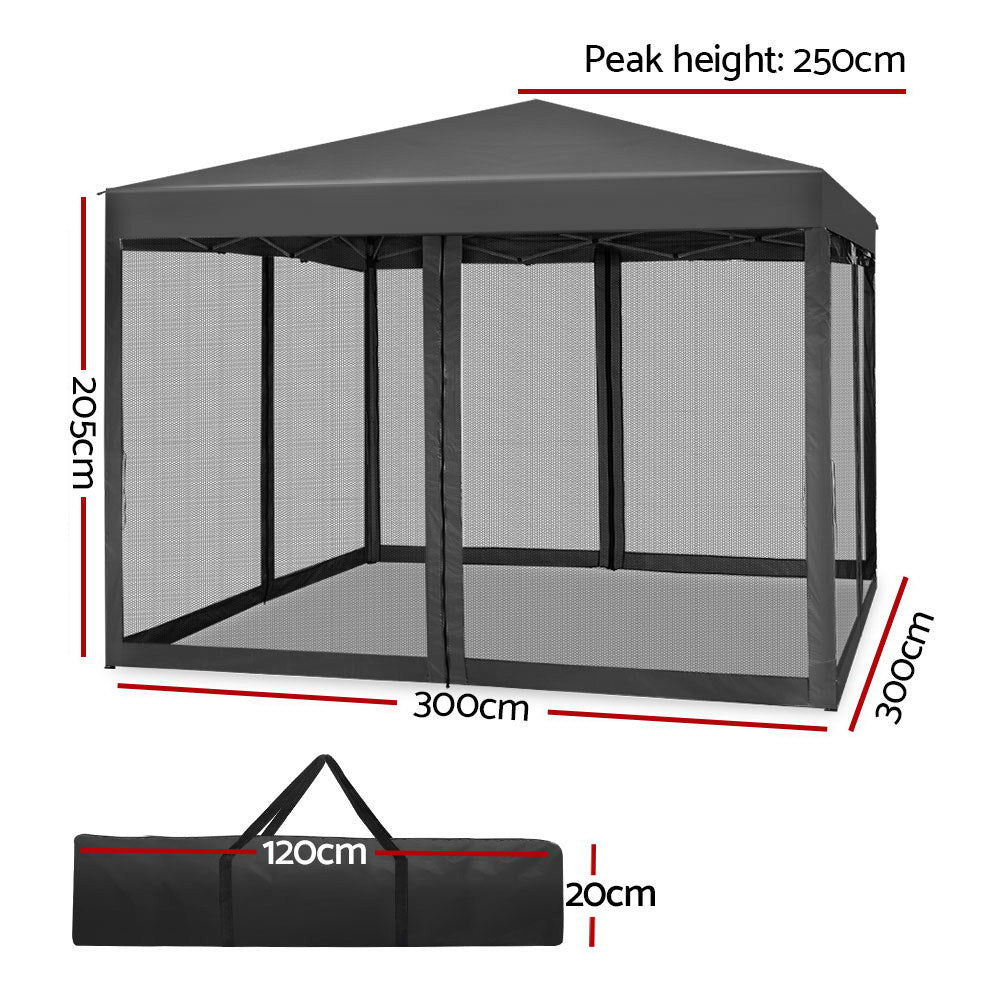 Instahut Pop Up Gazebo 3x3m Grey UV Resistant Mesh Walls
