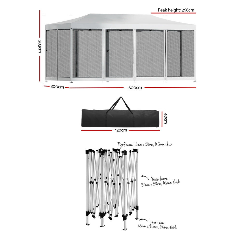 Instahut Pop Up Gazebo 3x6m White UV Resistant Mesh Walls