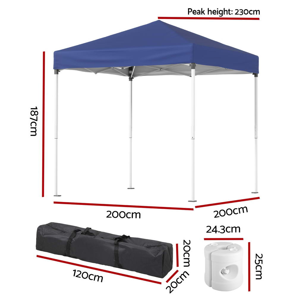 Instahut Pop Up Gazebo 2x2m UV Resistant Water Resistant Blue with Base Pods
