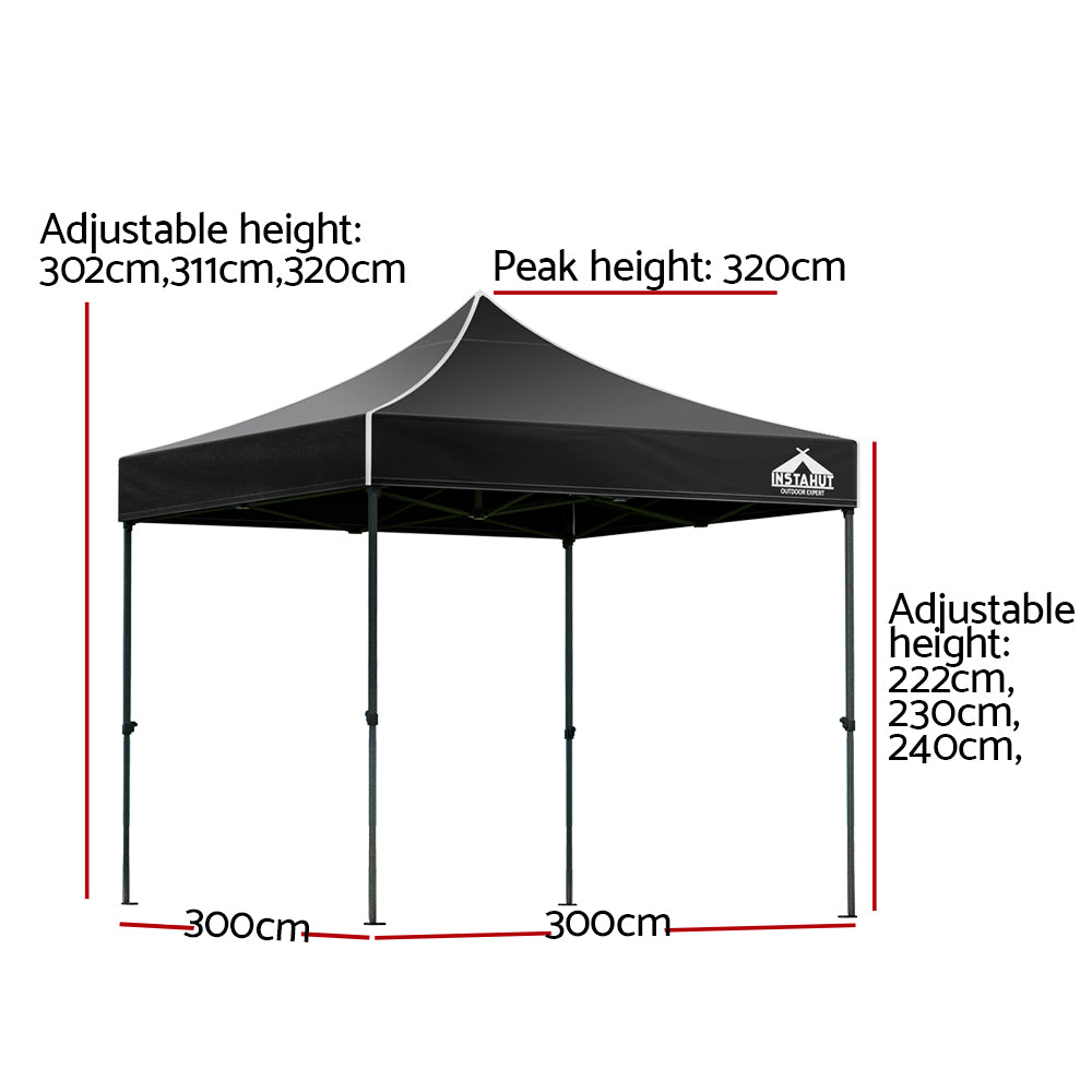 Instahut Pop Up Marquee Gazebo 3x3m UV Water Resistant Folding Black